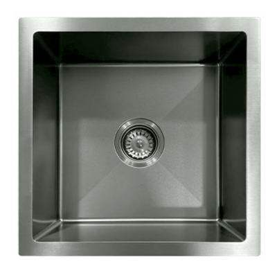 Square brushed stainless steel single bowl kitchen sink with center drain and strainer.