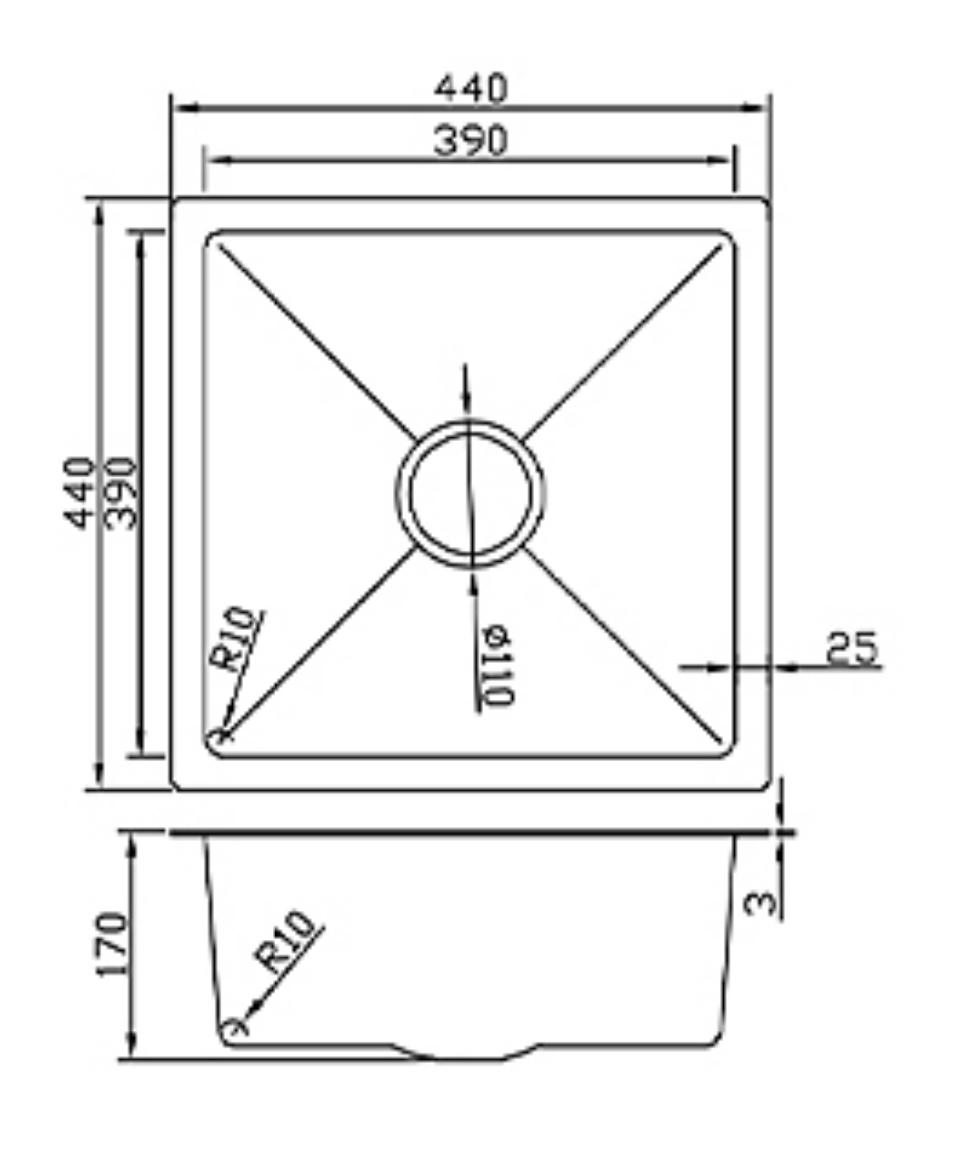 Technical schematic of a 440x440mm square kitchen sink showing bowl dimensions, 170mm depth, and R10 corners.
