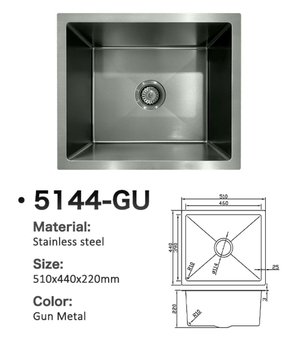 Gun Metal Stainless Steel Single Bowl Kitchen Sink 5144-GU with 510x440x220mm Technical Dimensions.