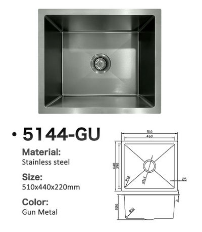 Gun Metal Stainless Steel Single Bowl Kitchen Sink 5144-GU with 510x440x220mm Technical Dimensions.