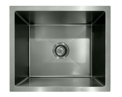 Modern brushed silver stainless steel single bowl kitchen sink with center drain and basket strainer.