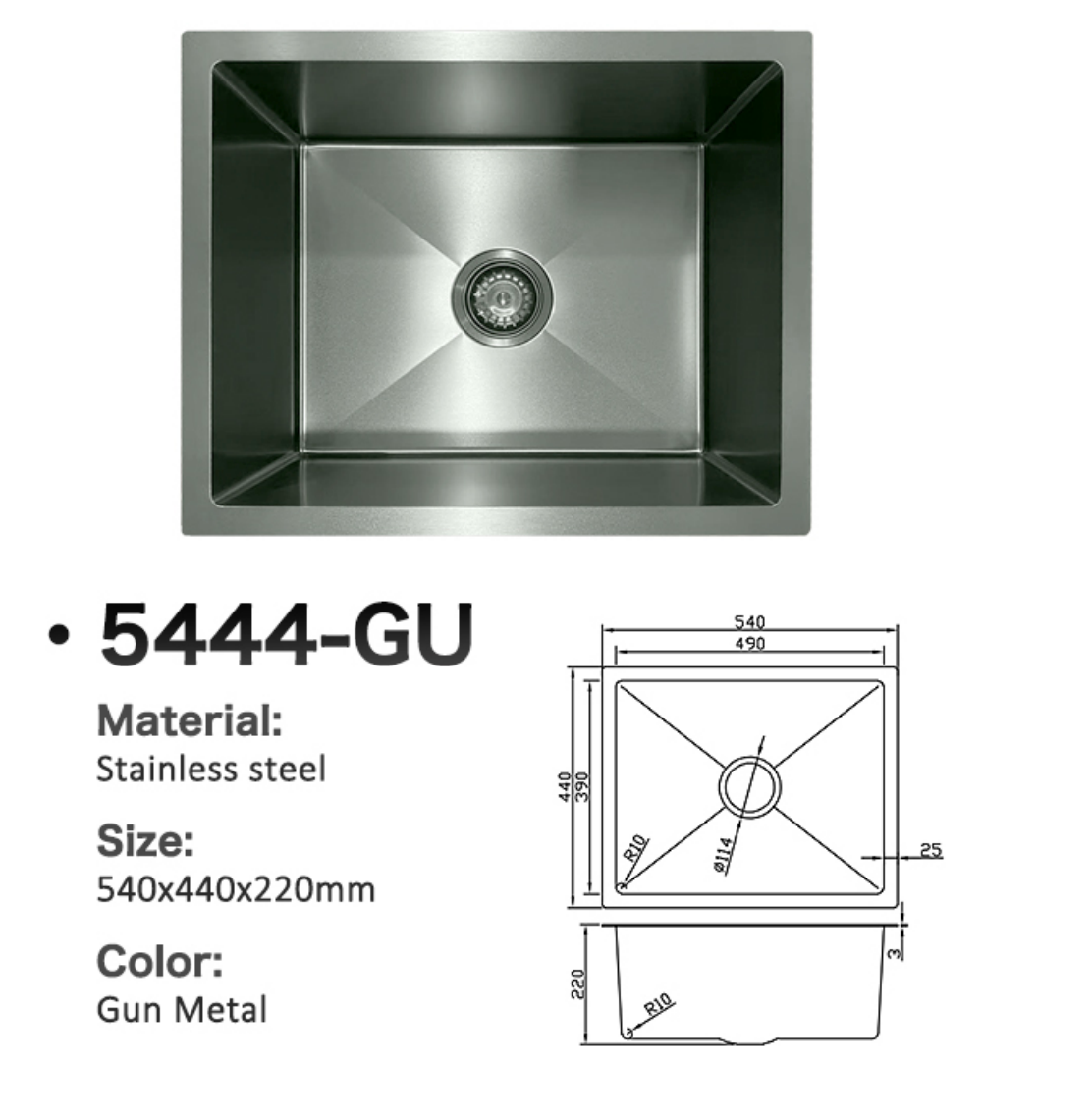 Gun Metal stainless steel single bowl kitchen sink 5444-GU, 540x440x220mm, with technical dimension drawing.