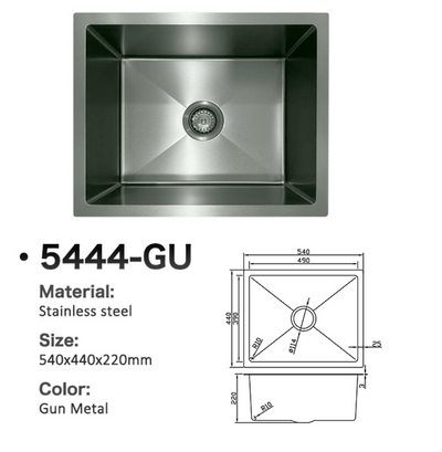 Gun Metal stainless steel single bowl kitchen sink 5444-GU, 540x440x220mm, with technical dimension drawing.