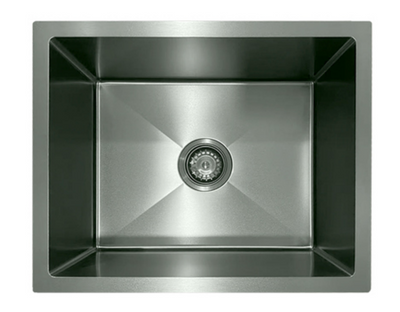 Modern rectangular stainless steel kitchen sink with deep basin and central drain, brushed finish.