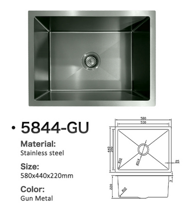 Gun Metal Stainless Steel Kitchen Sink 5844-GU, Single Bowl, 580x440x220mm with Technical Specifications