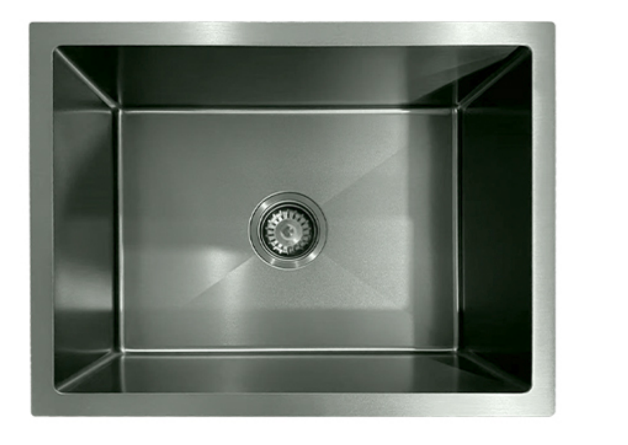Modern single bowl brushed stainless steel undermount kitchen sink with center drain.