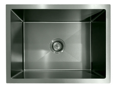 Modern single bowl brushed stainless steel undermount kitchen sink with center drain.