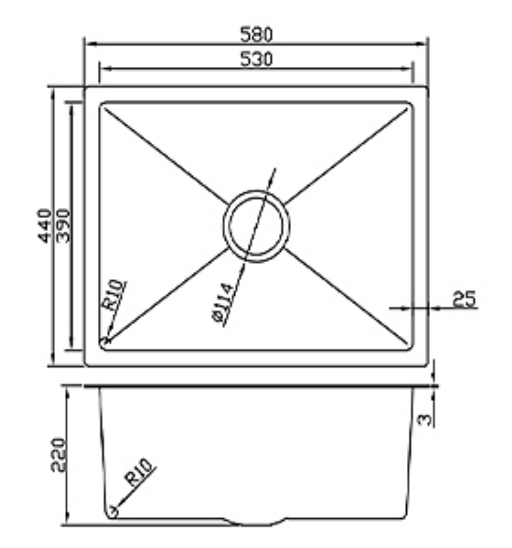 Technical schematic of a single-bowl kitchen sink showing 580x440mm dimensions and top and side views.