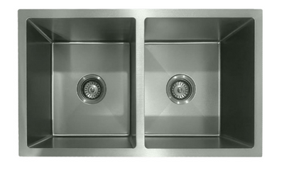 Double bowl stainless steel undermount kitchen sink with square basins and drains.