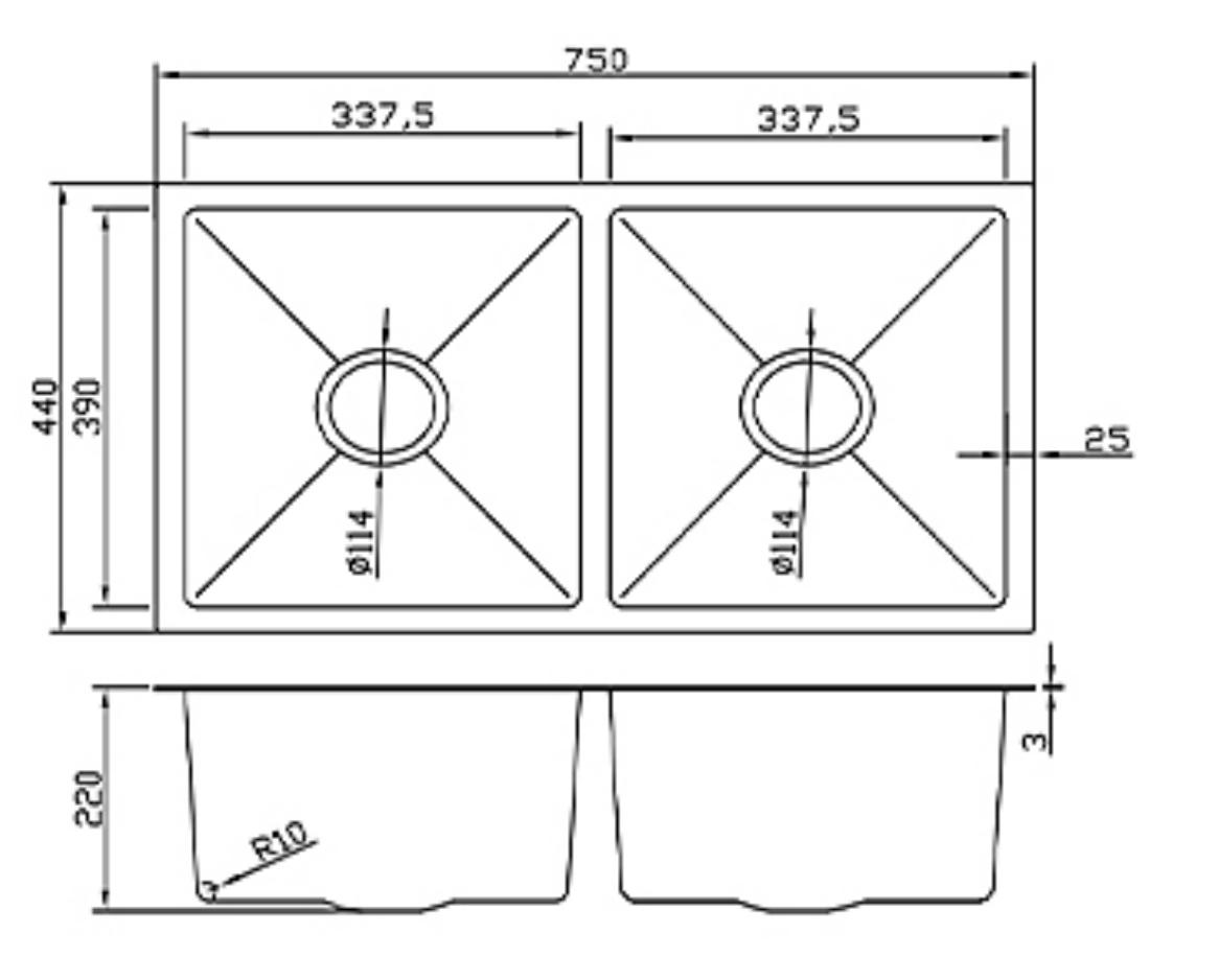 Technical drawing of a 750x440mm double bowl kitchen sink with top and side view dimensions.