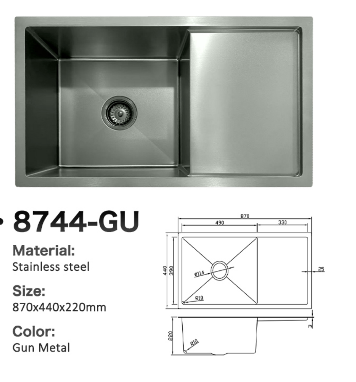 8744-GU Stainless Steel Large Single Bowl Sink with Right Drainer