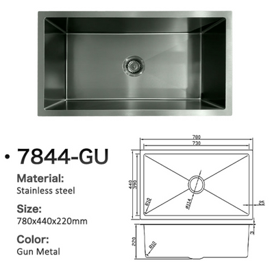 Gun Metal stainless steel single bowl kitchen sink with dimension diagram, 780x440x220mm, model 7844-GU.