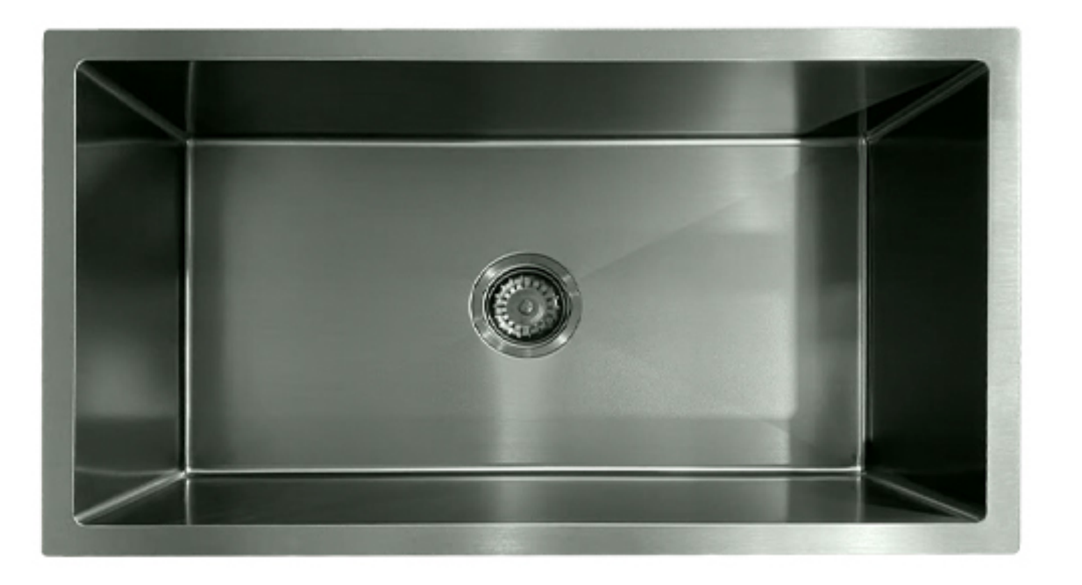 Modern rectangular brushed stainless steel undermount single bowl kitchen sink with center drain.