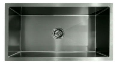 Modern rectangular brushed stainless steel undermount single bowl kitchen sink with center drain.