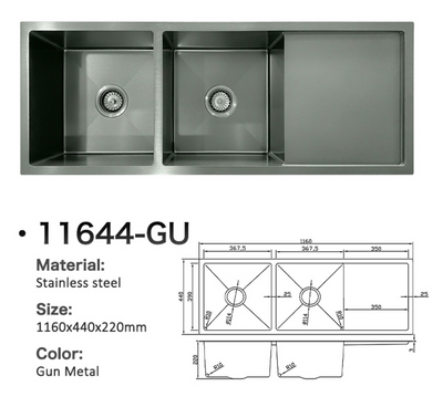 11644-GU Gun Metal stainless steel double bowl kitchen sink with integrated drainer board, 1160x440mm.
