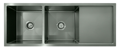 Gunmetal grey double bowl kitchen sink with integrated drainboard in brushed stainless steel.