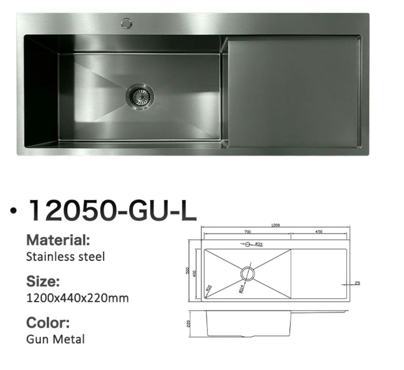Gun metal stainless steel single bowl kitchen sink with integrated drainboard, 1200x440x220mm.
