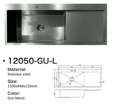 Gun metal stainless steel single bowl kitchen sink with integrated drainboard, 1200x440x220mm.