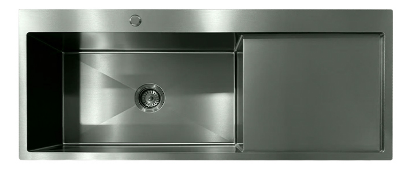 Modern brushed silver stainless steel single bowl kitchen sink with integrated drainboard.