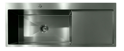 Modern brushed silver stainless steel single bowl kitchen sink with integrated drainboard.