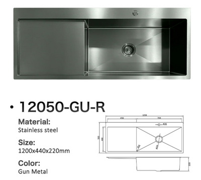 Gun metal single bowl stainless steel kitchen sink with drainboard, 1200x440x220mm, model 12050-GU-R.