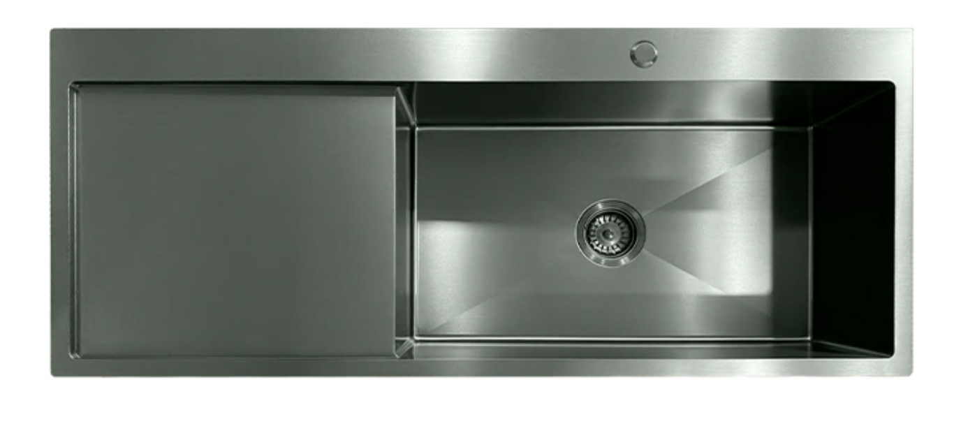 Modern brushed stainless steel single bowl kitchen sink with integrated left-hand drainboard.