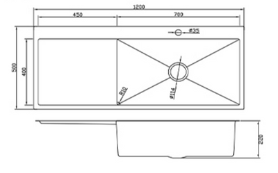 Technical drawing of a 1200mm single bowl sink with drainboard, showing dimensions, tap hole, and 220mm depth.