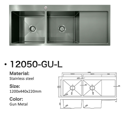 1200mm gun metal double bowl stainless steel kitchen sink with side drainboard.