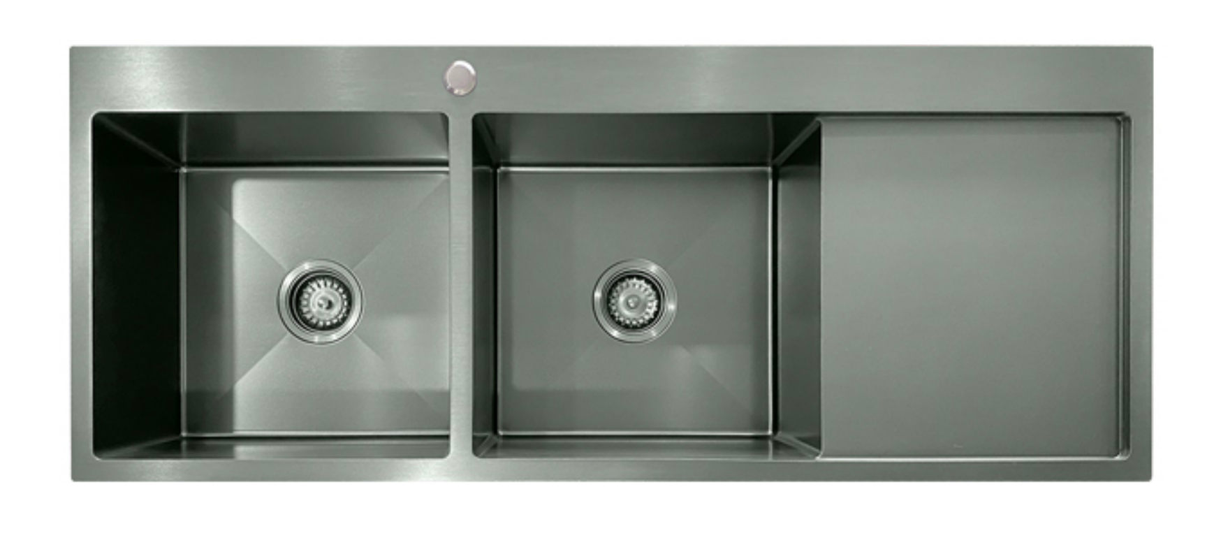 Modern gunmetal double bowl kitchen sink with drainboard, brushed black stainless steel finish.