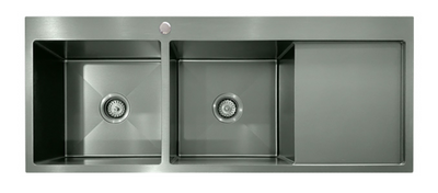 Modern gunmetal double bowl kitchen sink with drainboard, brushed black stainless steel finish.