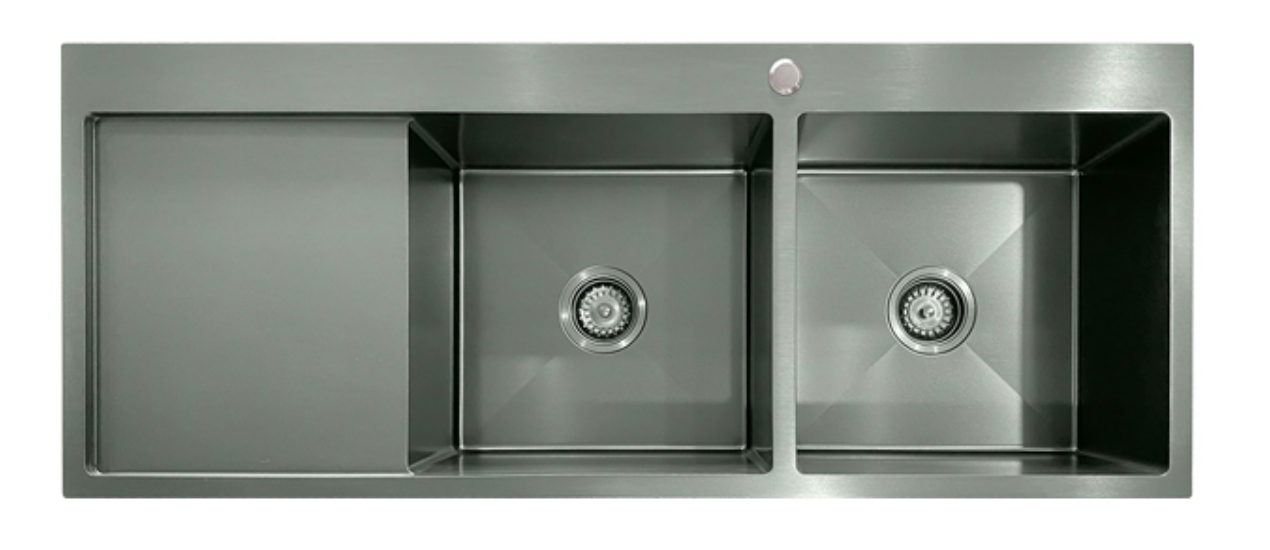 Modern gunmetal stainless steel double bowl kitchen sink with an integrated left-side drainboard.