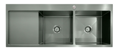 Modern gunmetal stainless steel double bowl kitchen sink with an integrated left-side drainboard.