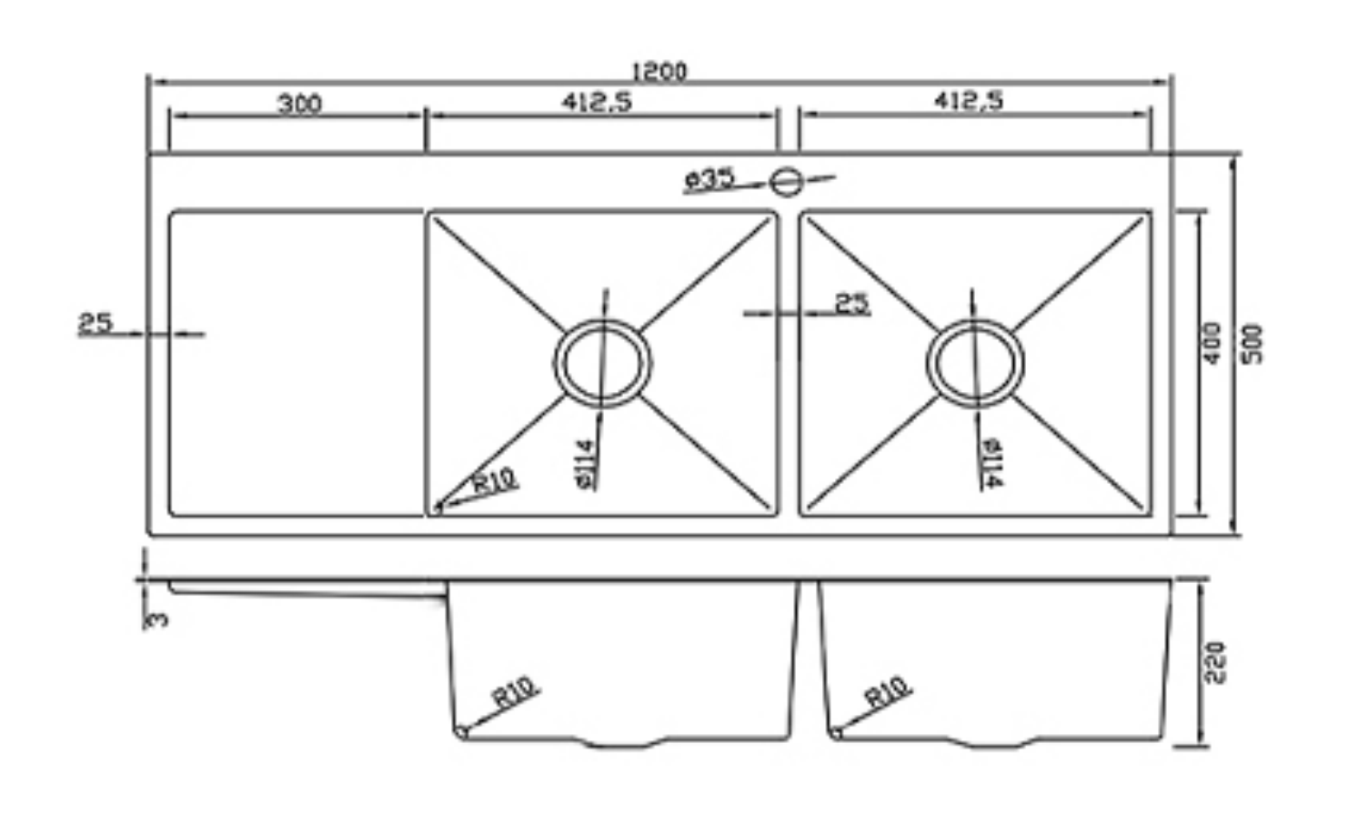 Technical drawing of a 1200mm double bowl kitchen sink with side drainboard showing dimensions.