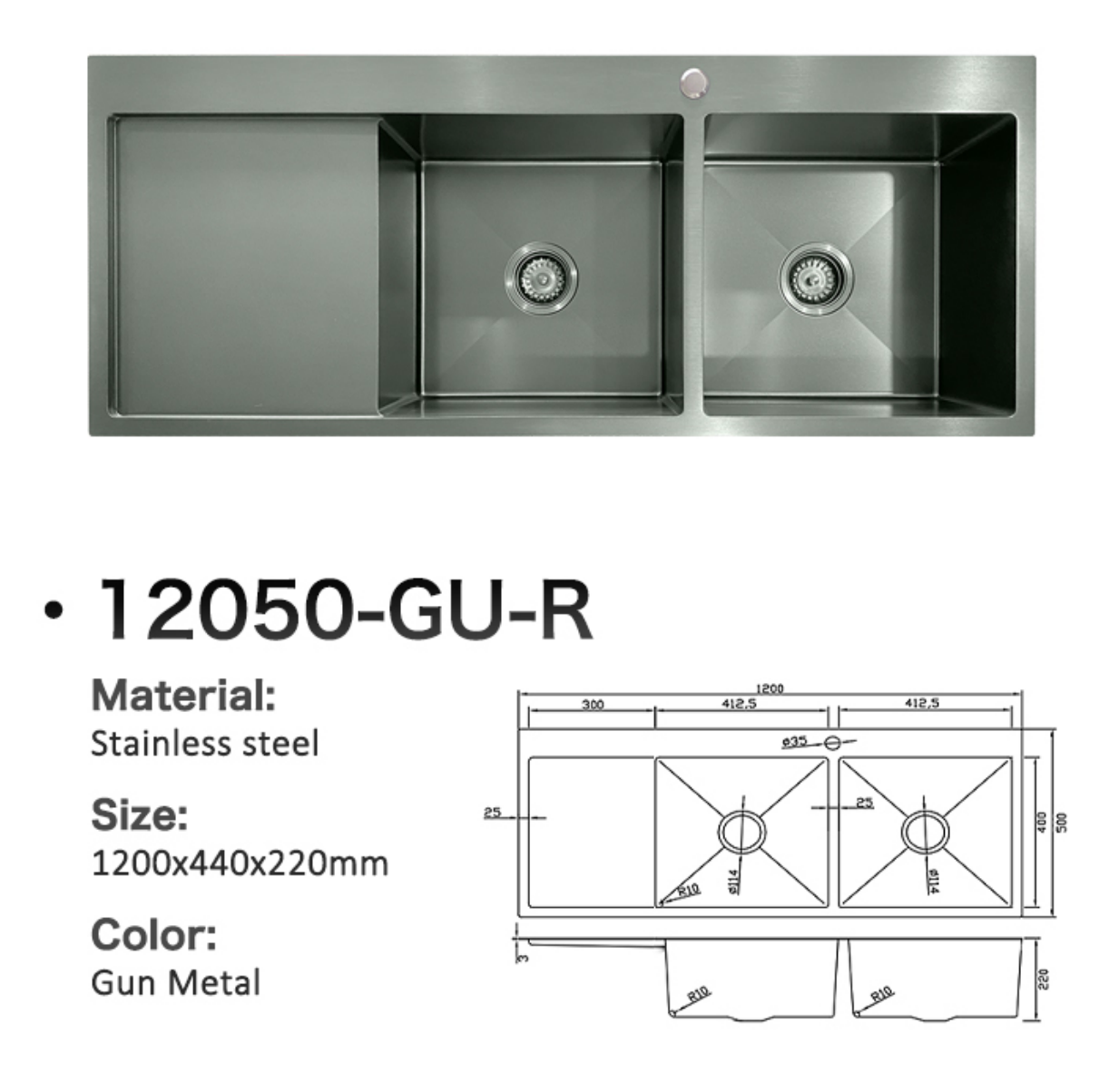 Gun Metal stainless steel double bowl kitchen sink with side drainboard, 1200x440x220mm.