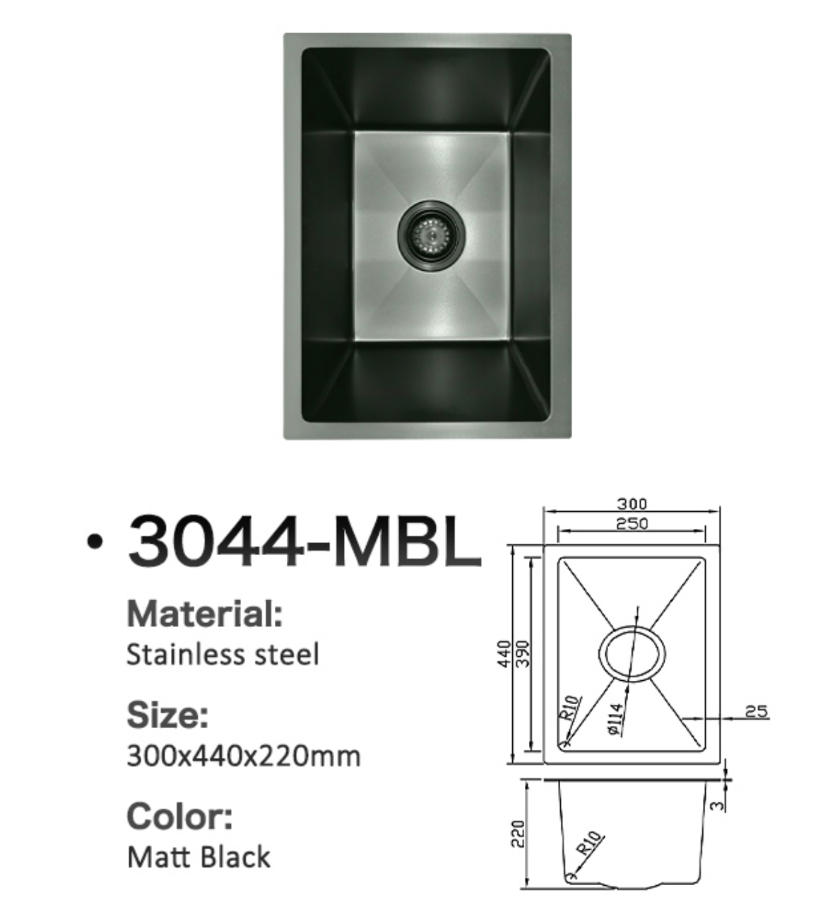 Matt black stainless steel single bowl kitchen sink 300x440x220mm with technical dimension diagram.