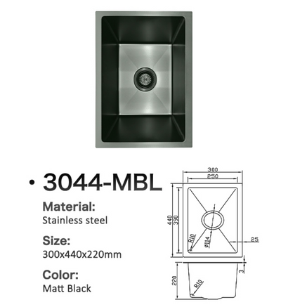Matt black stainless steel single bowl kitchen sink 300x440x220mm with technical dimension diagram.