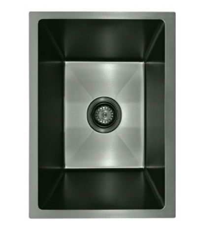 Modern gunmetal grey rectangular single bowl undermount bar sink with deep basin and center drain.