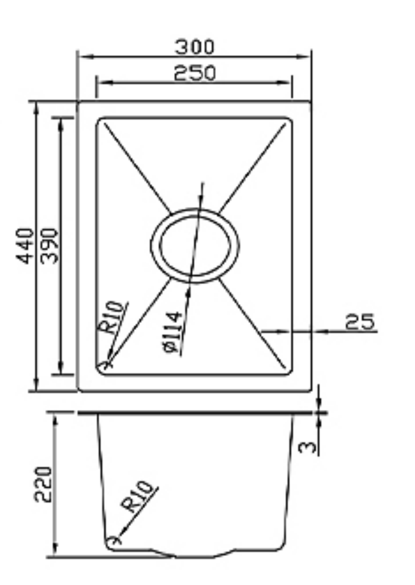 Technical drawing of a single bowl kitchen sink with dimensions 300x440mm and a 220mm depth.