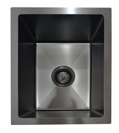Modern gunmetal grey stainless steel single bowl kitchen sink with central drain and X-shaped drainage grooves.