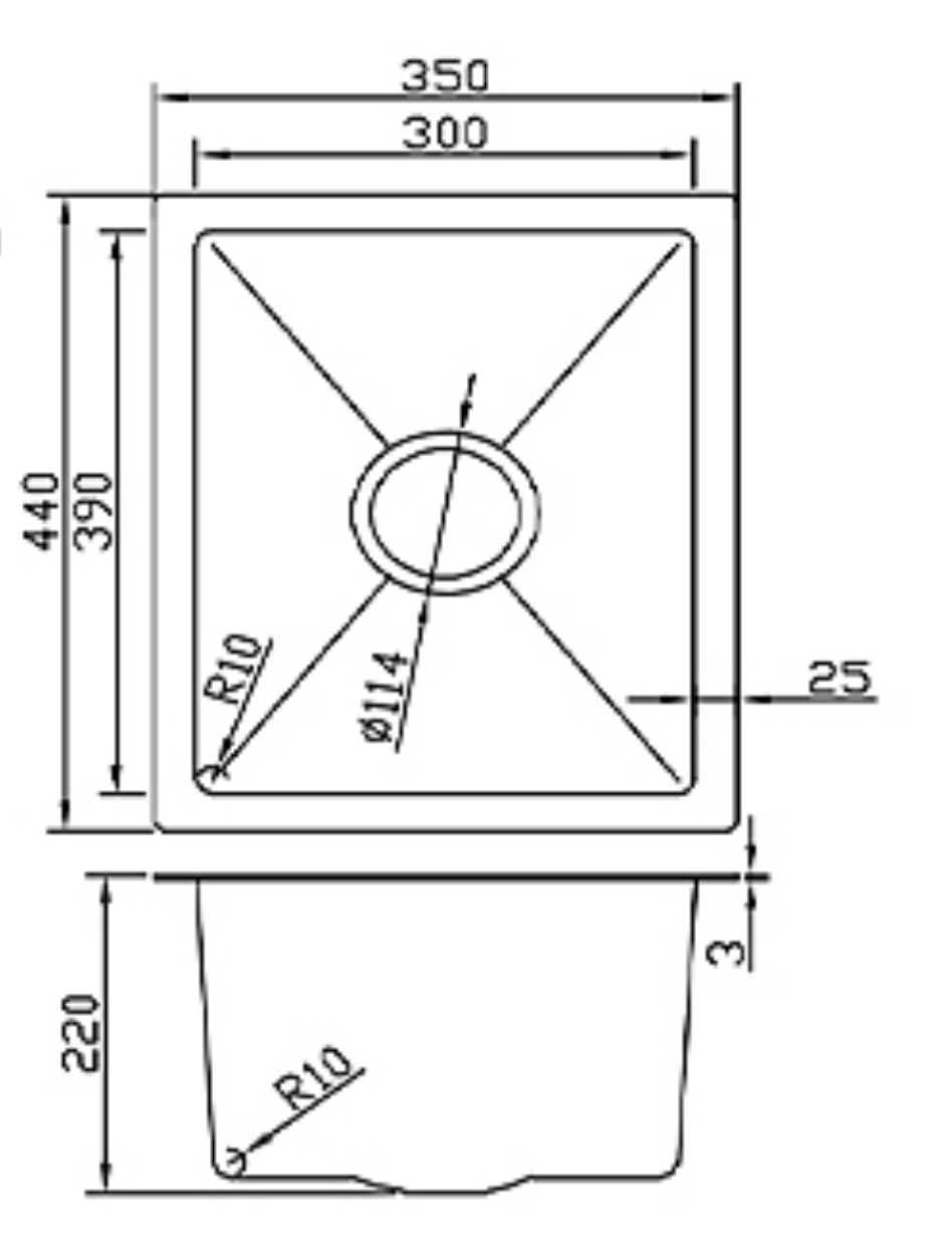 Technical dimensional diagram of a 350x440mm square kitchen sink with 220mm depth and R10 radius corners.