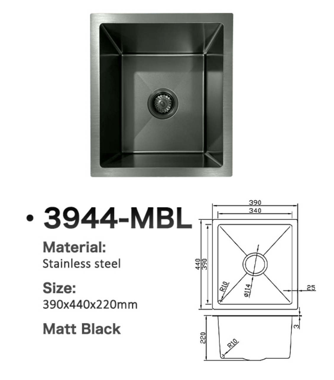 Matt black stainless steel single bowl kitchen sink 3944-MBL, 390x440x220mm with technical dimension diagrams.