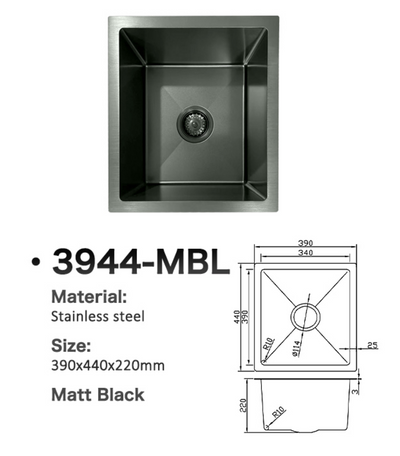 Matt black stainless steel single bowl kitchen sink 3944-MBL, 390x440x220mm with technical dimension diagrams.