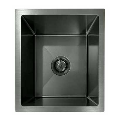 Gunmetal gray single bowl stainless steel kitchen or bar sink with a brushed finish, top-down view.