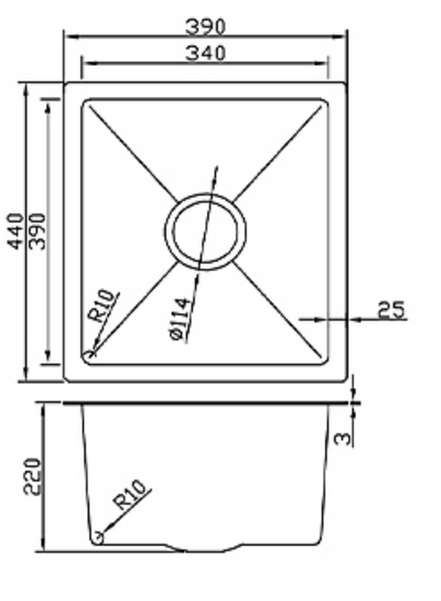 Technical diagram for a single bowl rectangular kitchen sink with 390x440mm dimensions and 220mm bowl depth.
