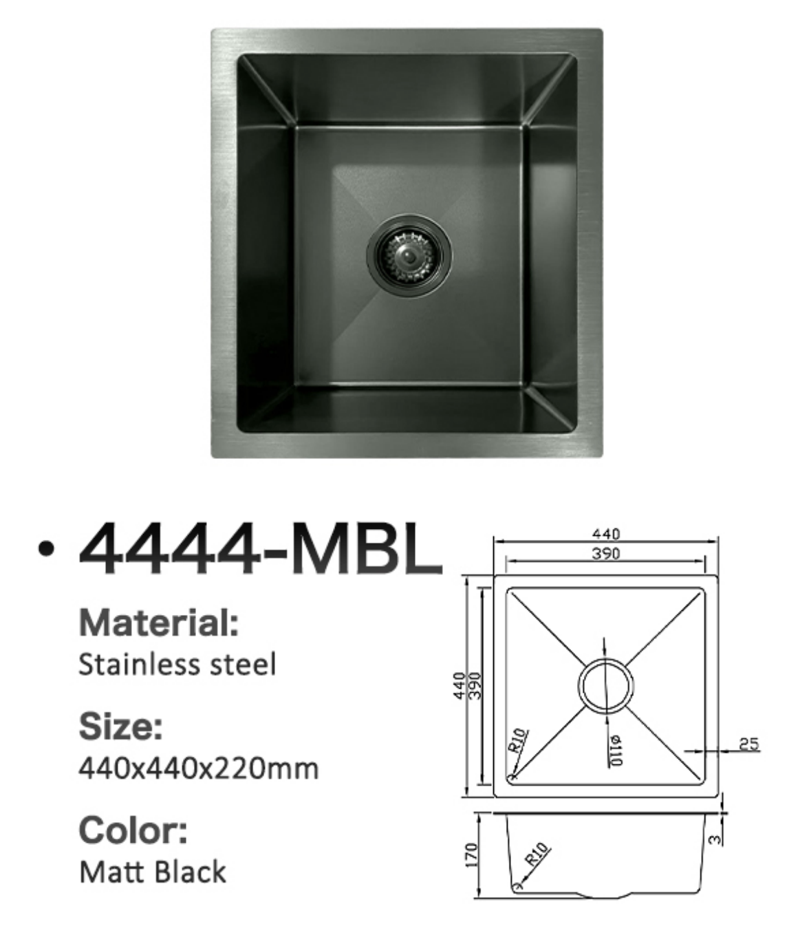 Matt Black Stainless Steel Square Kitchen Sink 440x440x220mm, Single Bowl Basin, 4444-MBL.