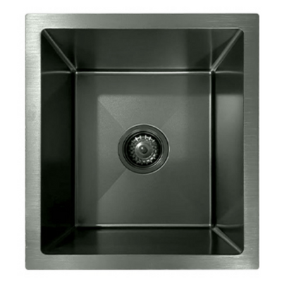 Square gunmetal black stainless steel single bowl bar sink with center drain.