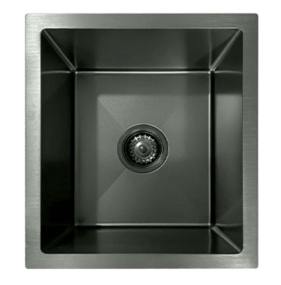 Square gunmetal black stainless steel single bowl bar sink with center drain.