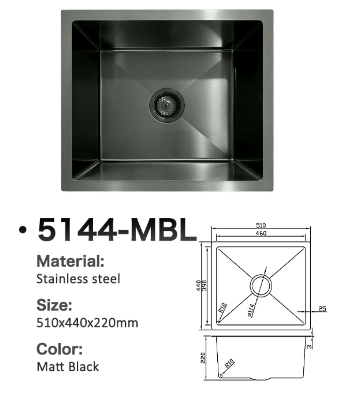 Matt Black stainless steel single bowl kitchen sink 5144-MBL, 510x440x220mm, with technical dimensions.