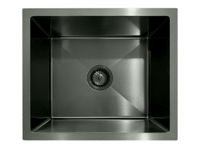 Modern gunmetal gray stainless steel square single bowl kitchen sink with a central drain and brushed finish.