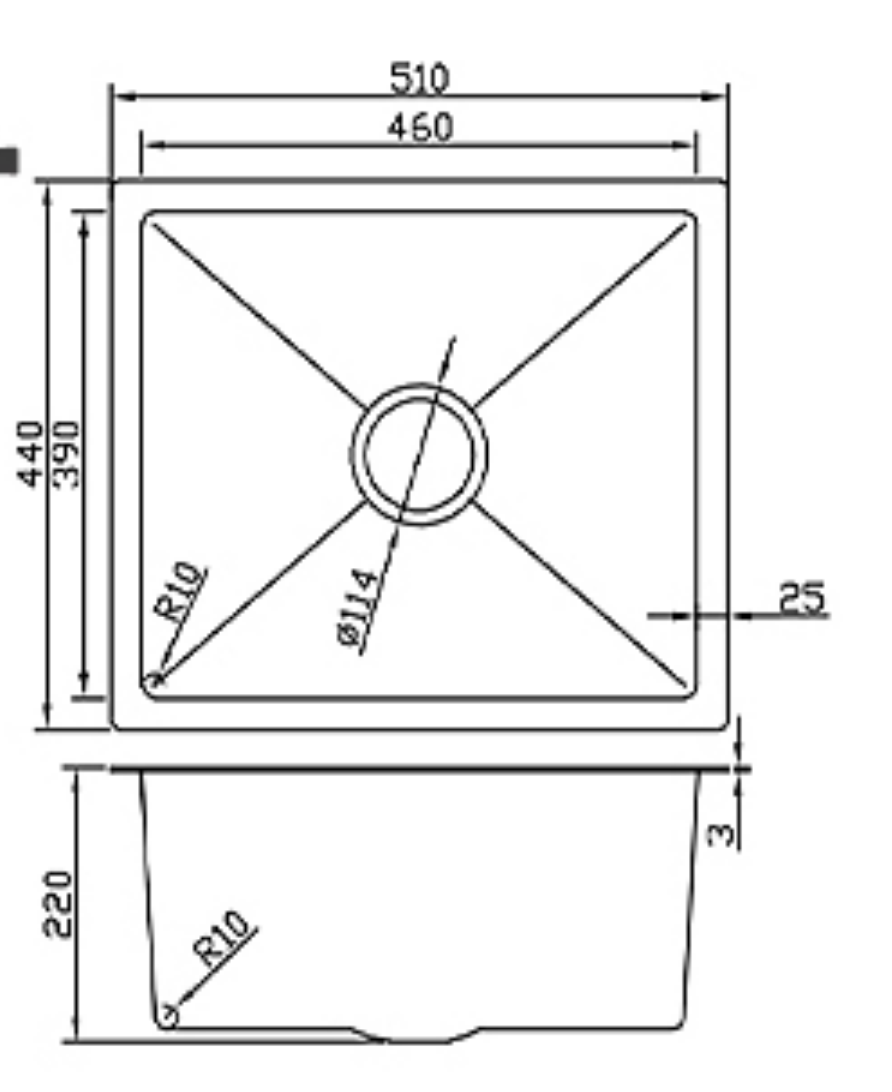 Dimensions schematic for a 510x440mm single bowl kitchen sink with 220mm depth, featuring R10 corners and 114mm drain.